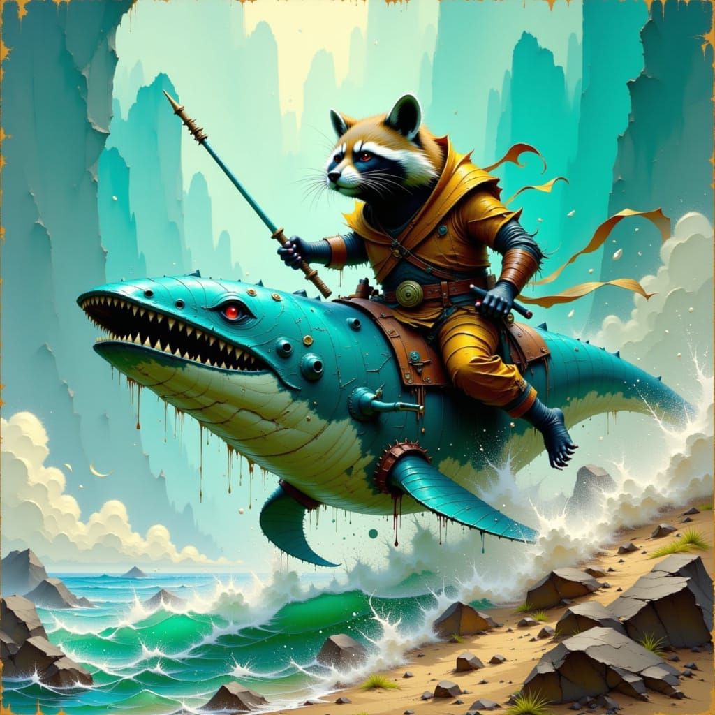 Armored Raccoon on Narwhal in Atmospheric Digital Art