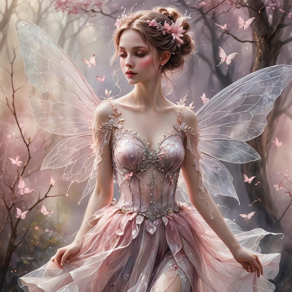 Enchanting Fairy in Pink and Silver, Watercolor Style