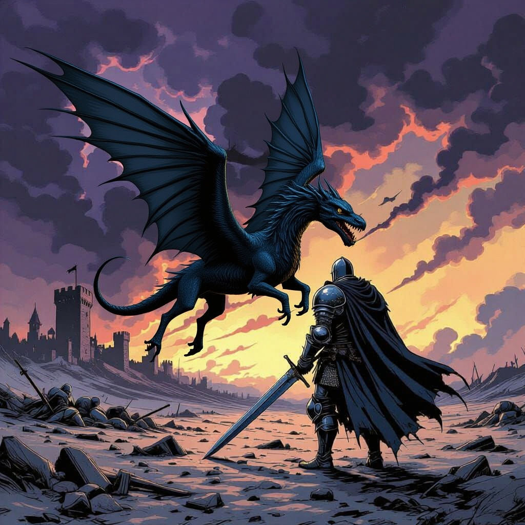 Knight Faces Shadow Dragon in Dark Fantasy Comic Style