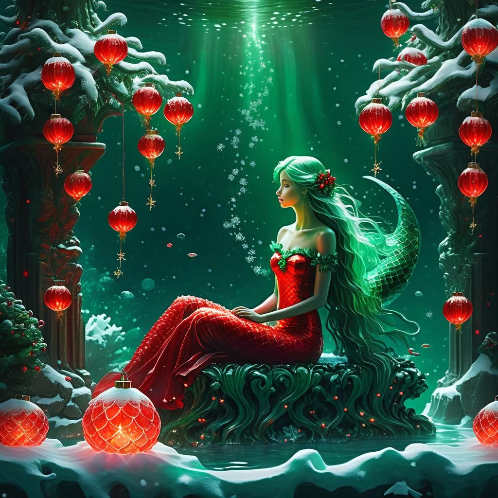 Christmas Mermaid on Coral Throne in Snowy Ocean
