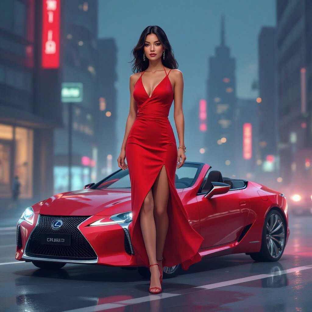 Therapist in Red Dress Stepping out of Red Lexus