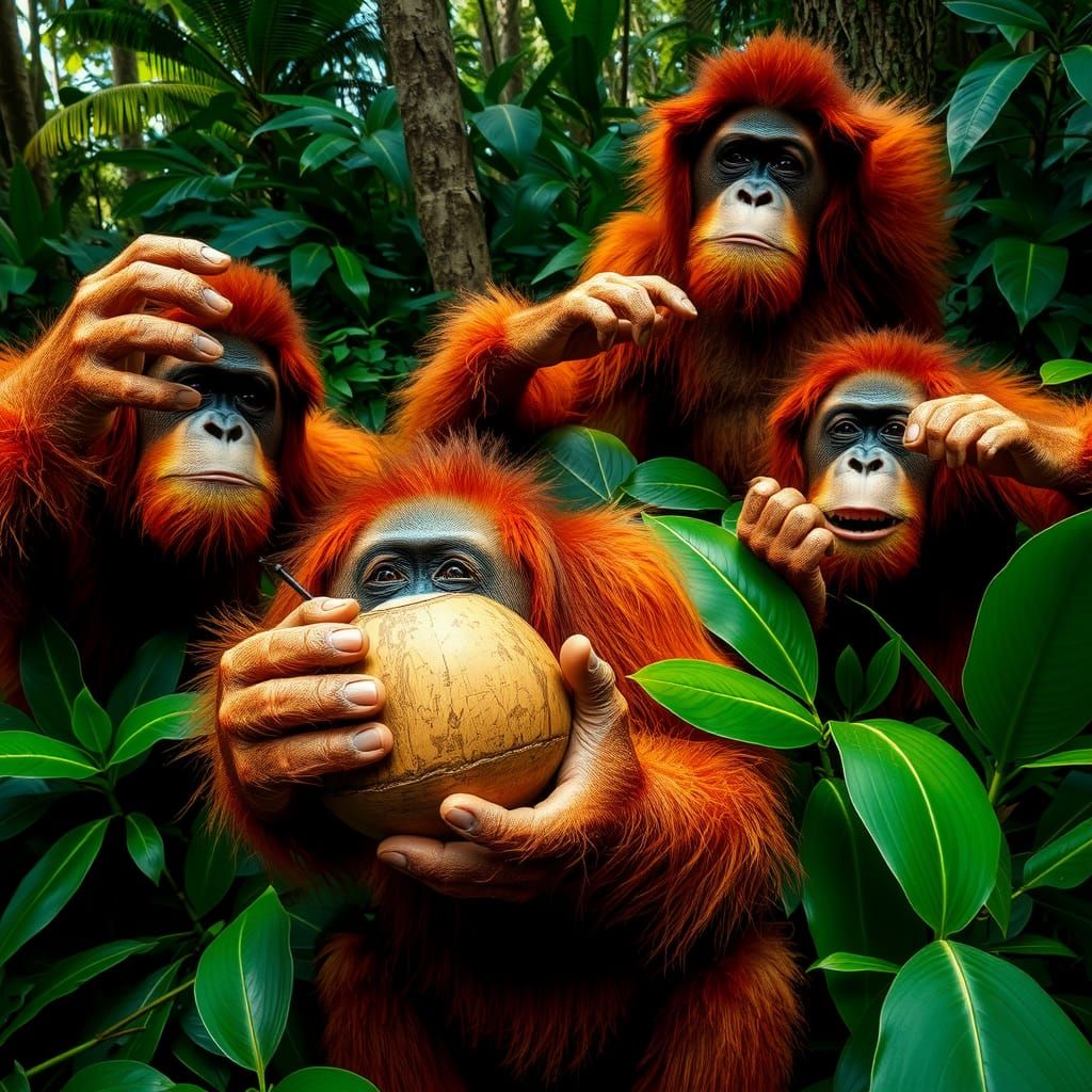 Orangutan Selfie in Tropical Rainforest: Detailed Matte Pain...