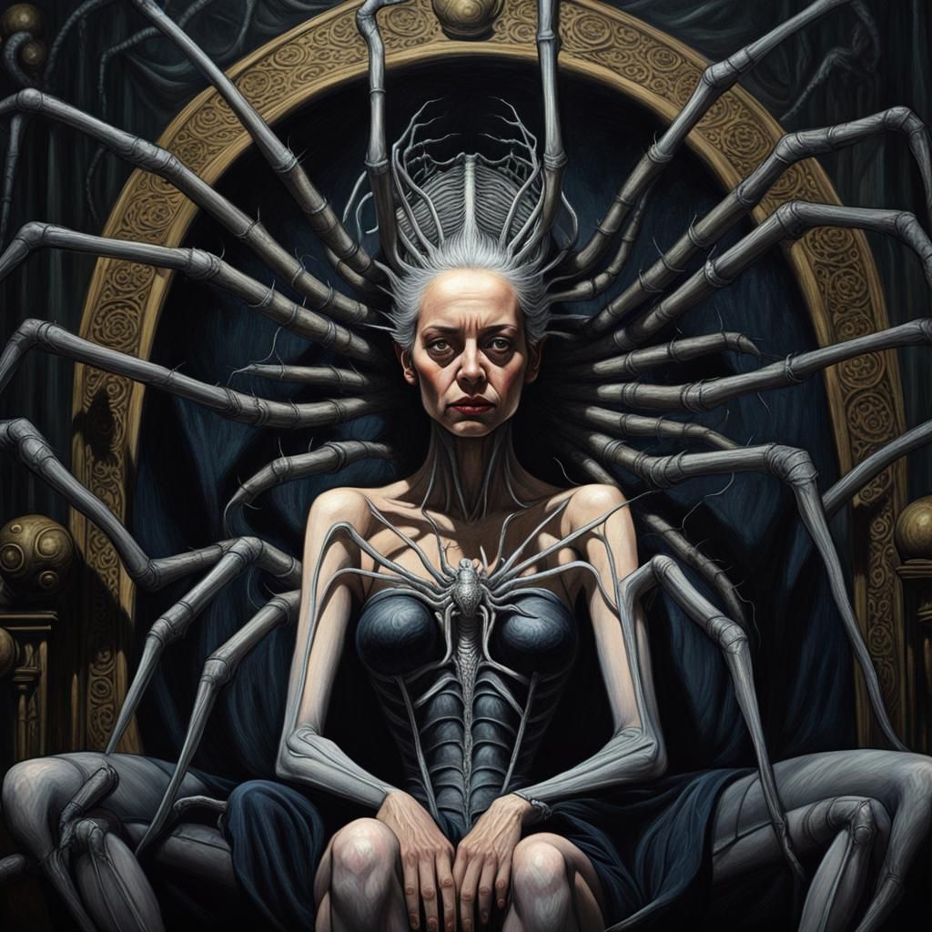 Aracnia, Queen of Spider People, on Velvet Throne