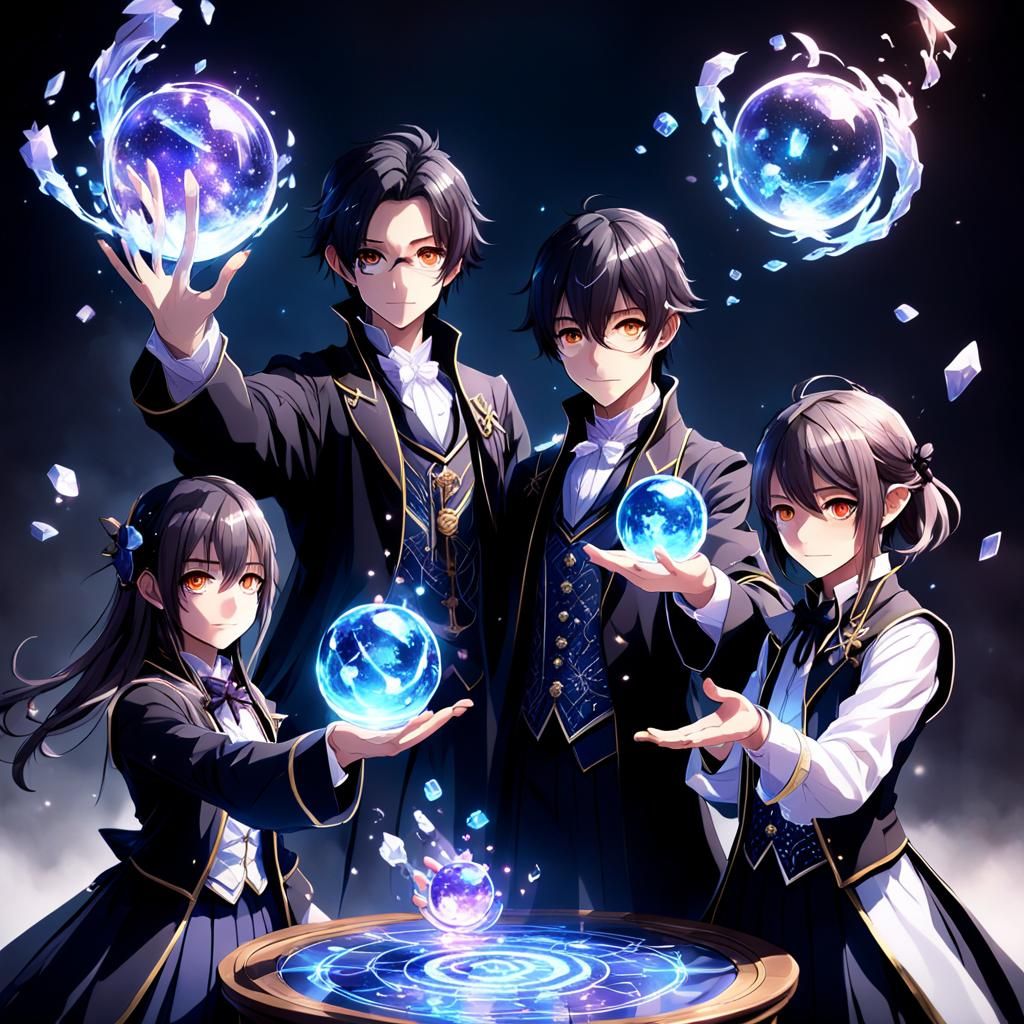 Four Wizards Conjuring Elemental Spheres: 3D Anime Art