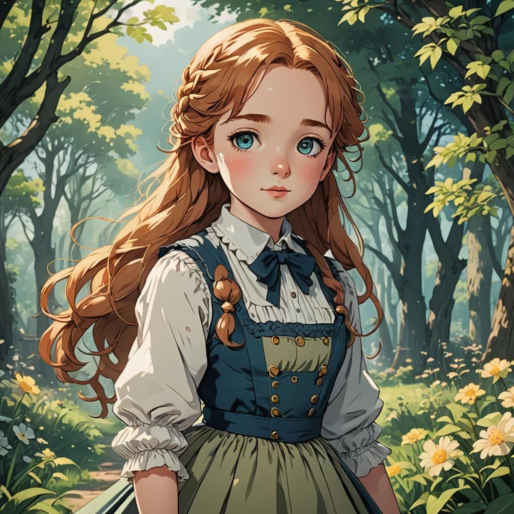 Cute Anne Shirley in Cel-Shaded Anime Style