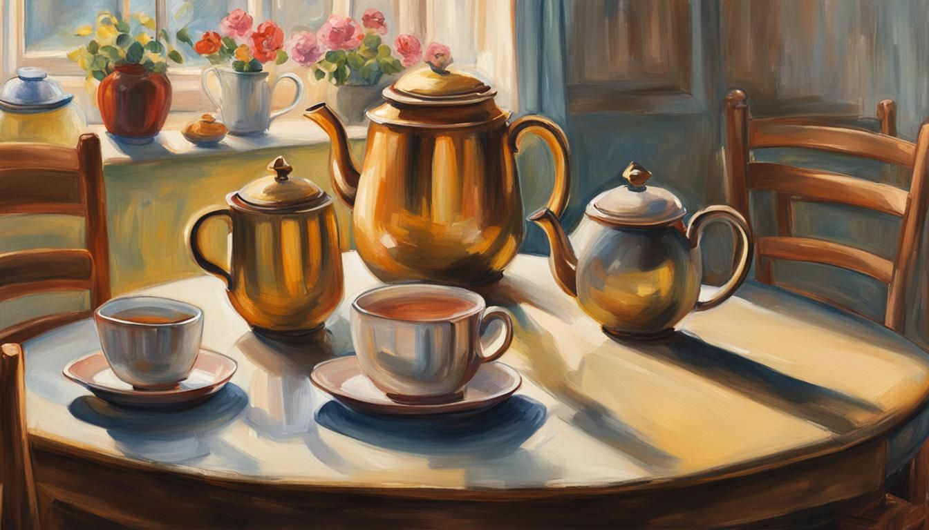 Whimsical Still Life with Teapot in Oil Painting Style