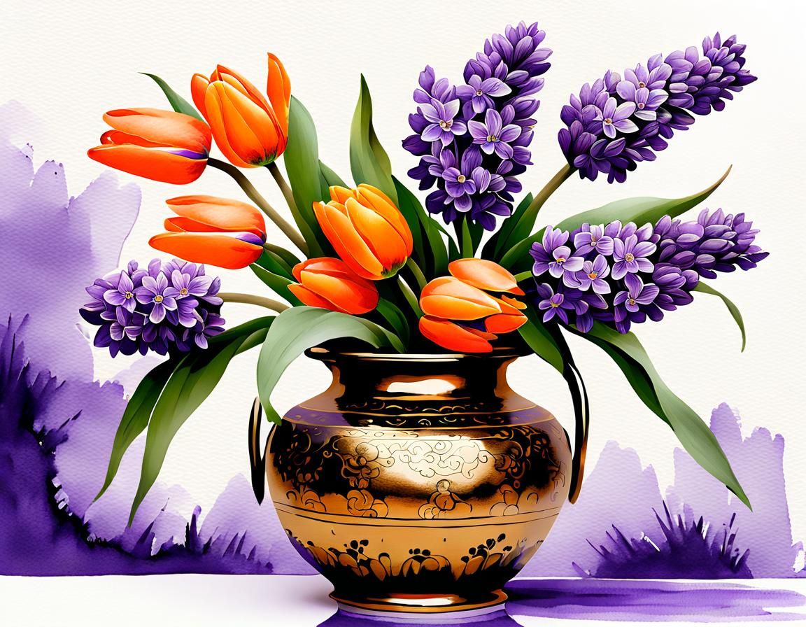 Lilacs and Tulips in Chinese Ink Painting Style