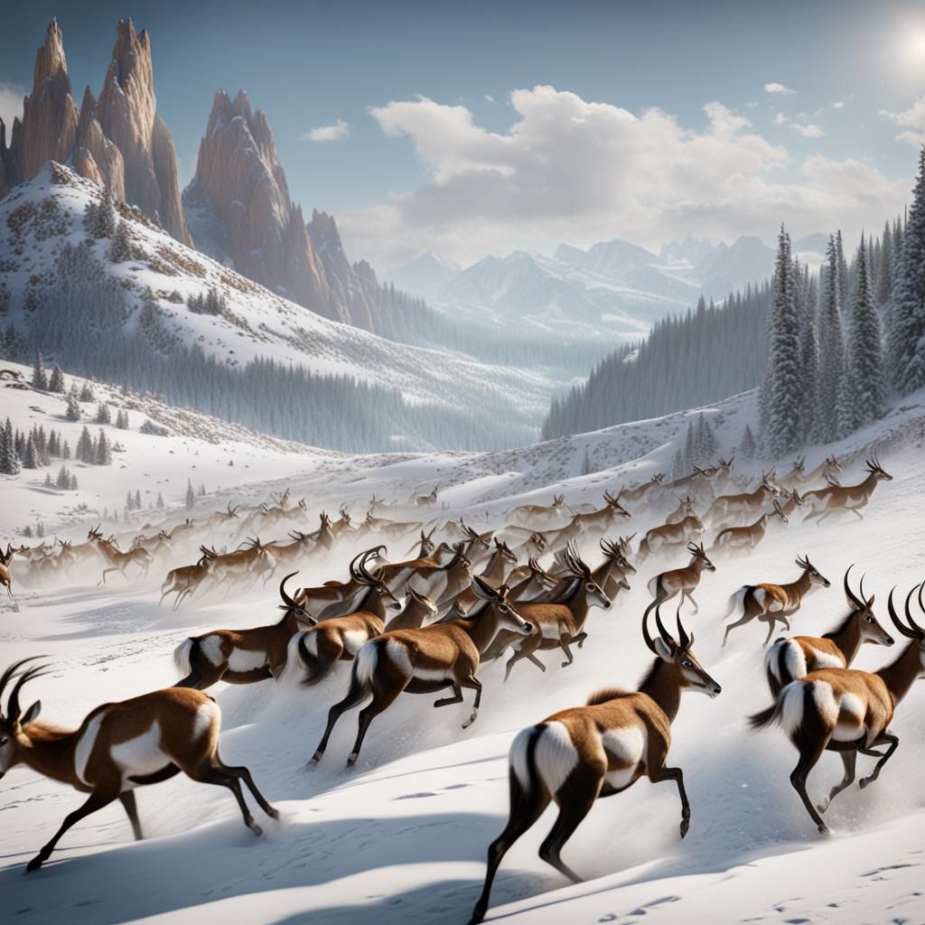 herd of pronghorn racing across a snow-covered valley