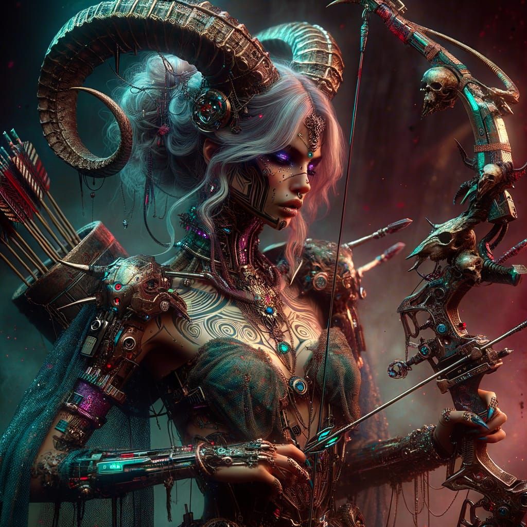 Cyberpunk Demon Princess Wielding Glowing Bow