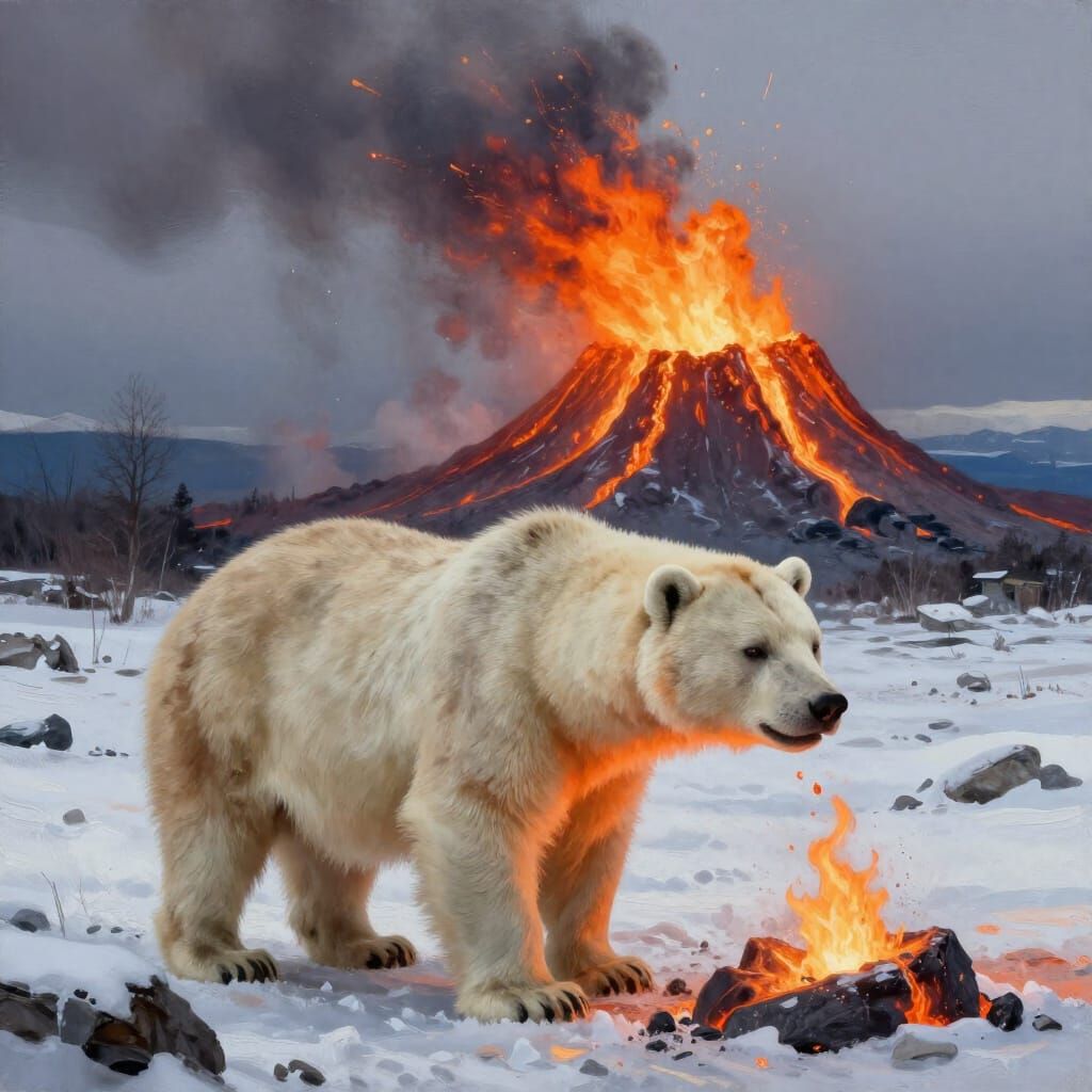 Polar Bear Confronts Erupting Volcano in Dramatic Digital Ar...