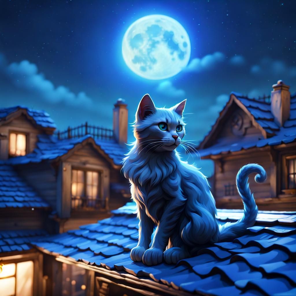 Blue-Eyed Cat on Roof: Detailed Matte Painting
