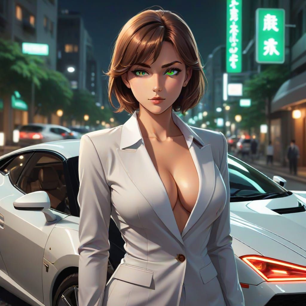 Elegant Woman Stands Beside a Luxury Sports Car at Night in ...