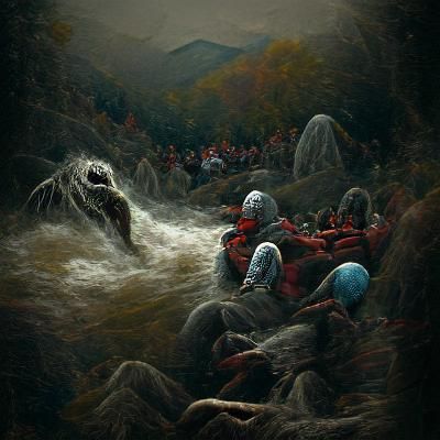 Horror Mountain River in Engraving Style