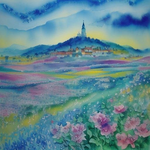 Chagall Style Village Floating Above Flower Field