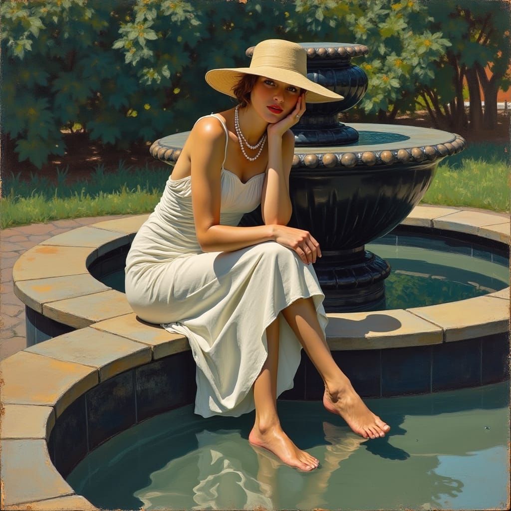 Woman in Fauvist Style Sitting in a Fountain