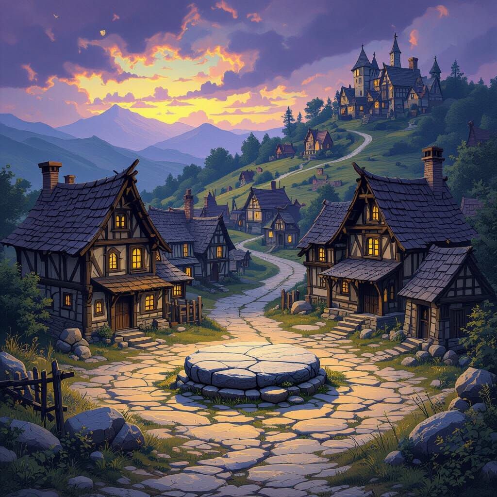 Gloomy Medieval Village with Stone, Art Nouveau Style