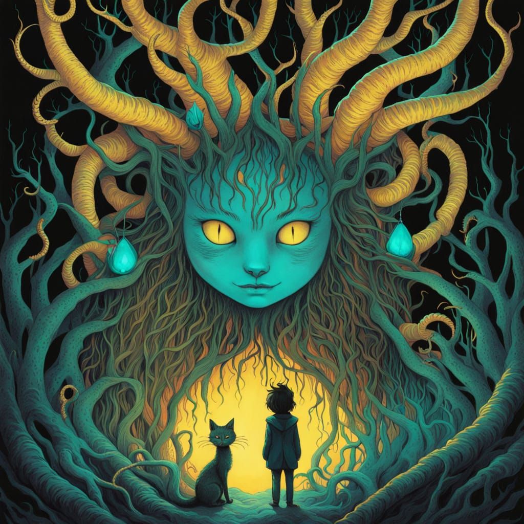 Vintage Watercolor Girl Surrounded by Twisted Roots and a Ha...