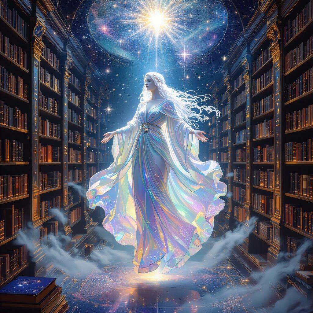 Ethereal Figure in Cosmic Library: Dreamlike Art