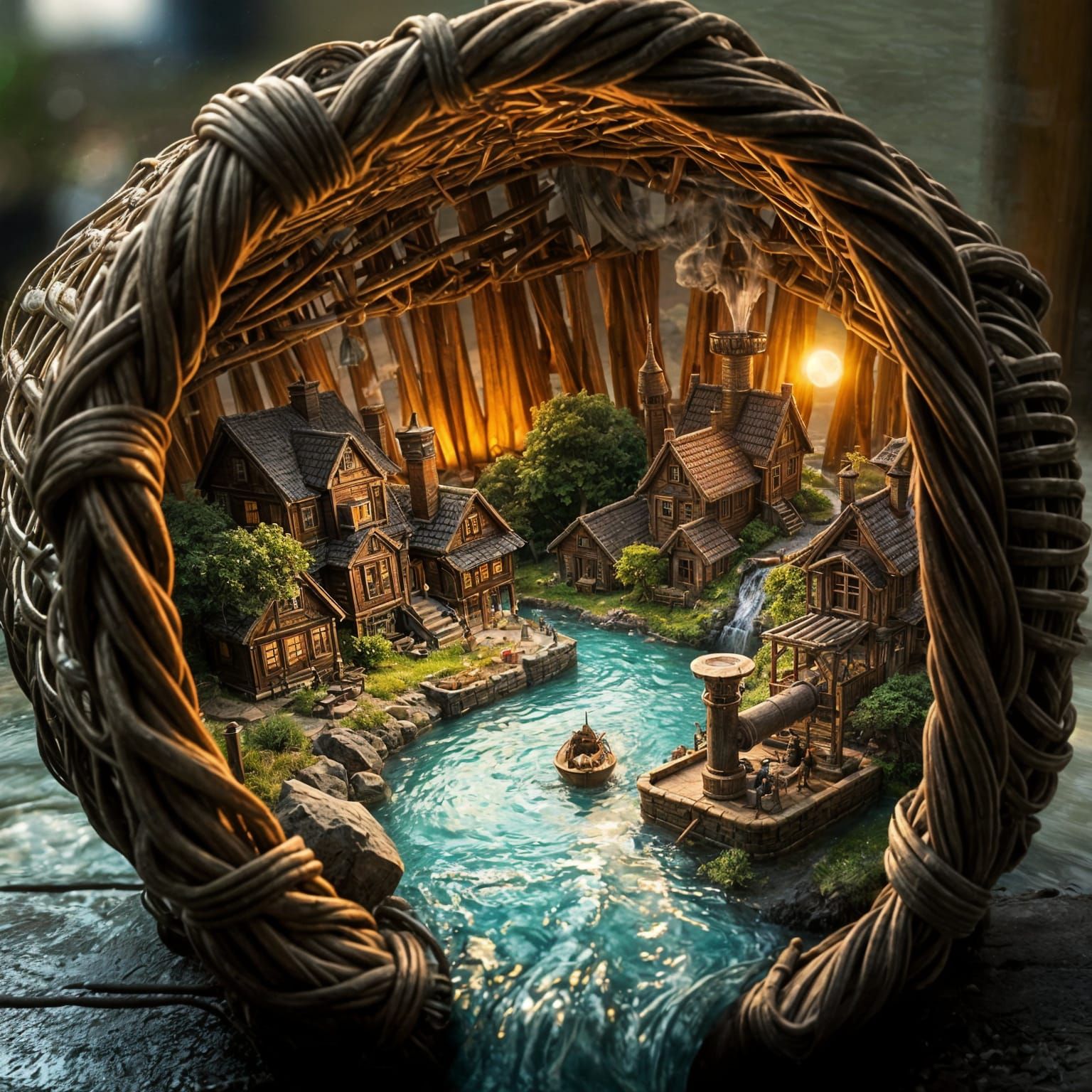 Steampunk Village Erupts from a Tipped Straw Basket