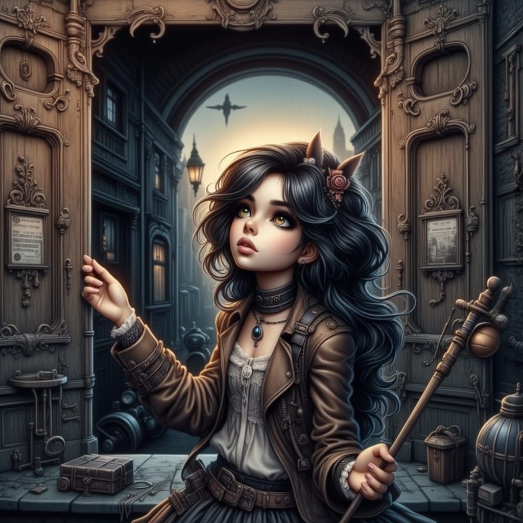 Steampunk Girl Watches Sunrise in Abandoned Tunnel