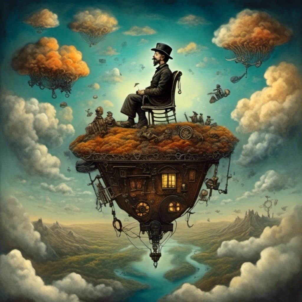 Surreal Dreamscape: Man Floating Over Mountain