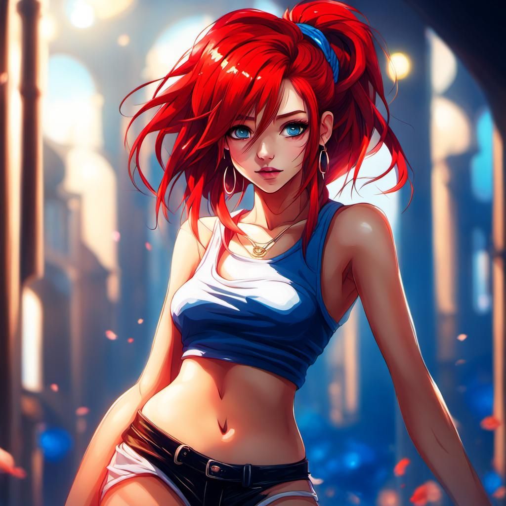 Anime Girl with Red Hair and Holy Glow