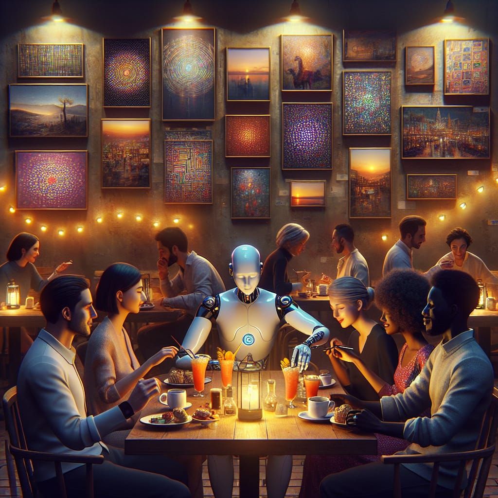 Enchanting Night Cafe Scene with Friends, Art and Futuristic...