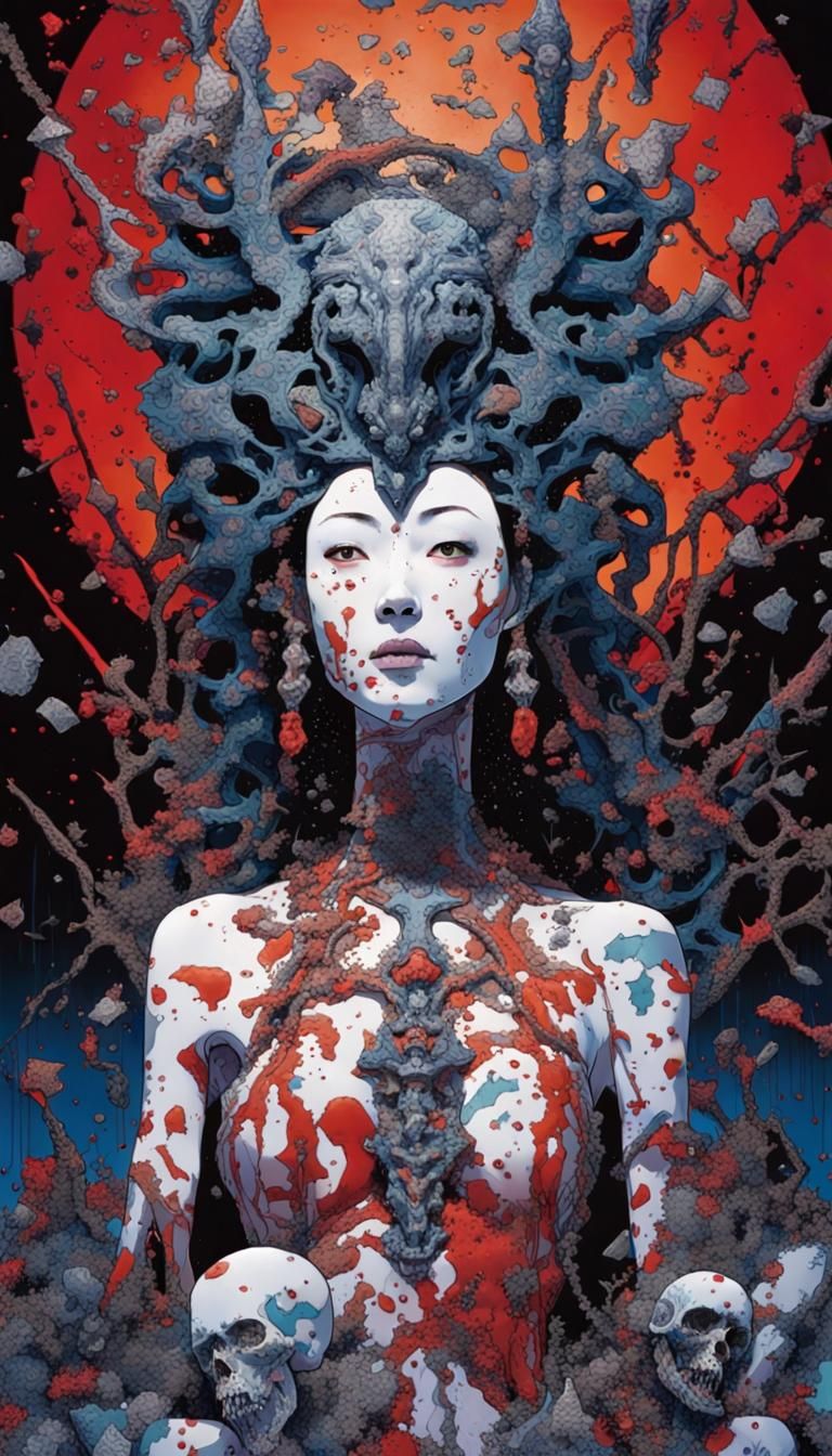 Biopunk Shrine with Necroid Woman Portrait