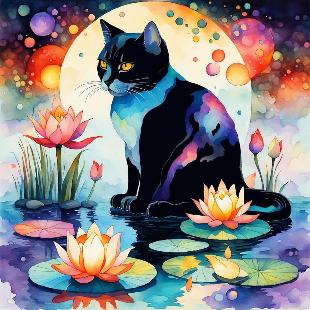 Koi Lotus Garden at Night in Digital Watercolor