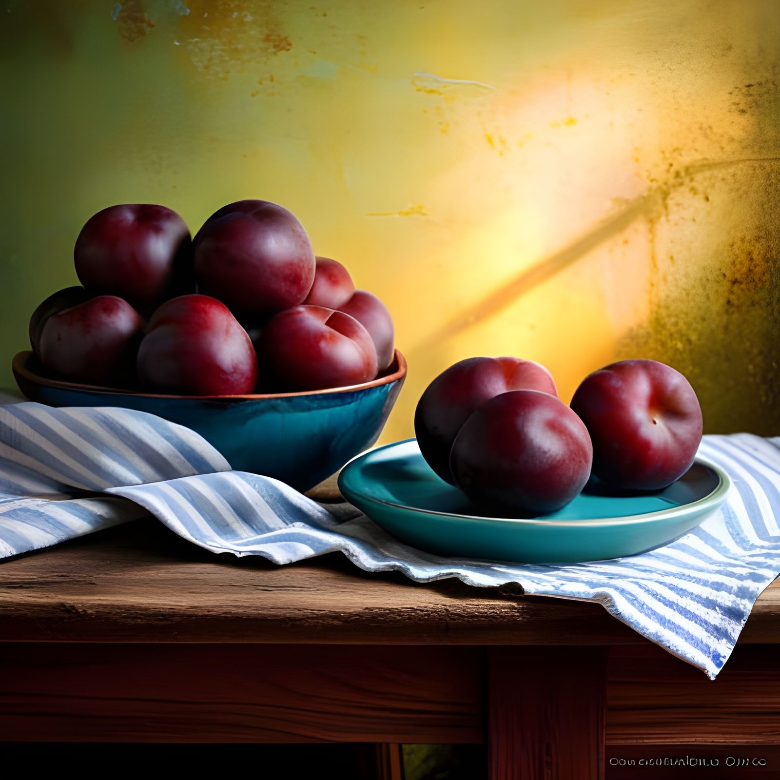Plums Still Life on Ceramic Plate, Photorealistic