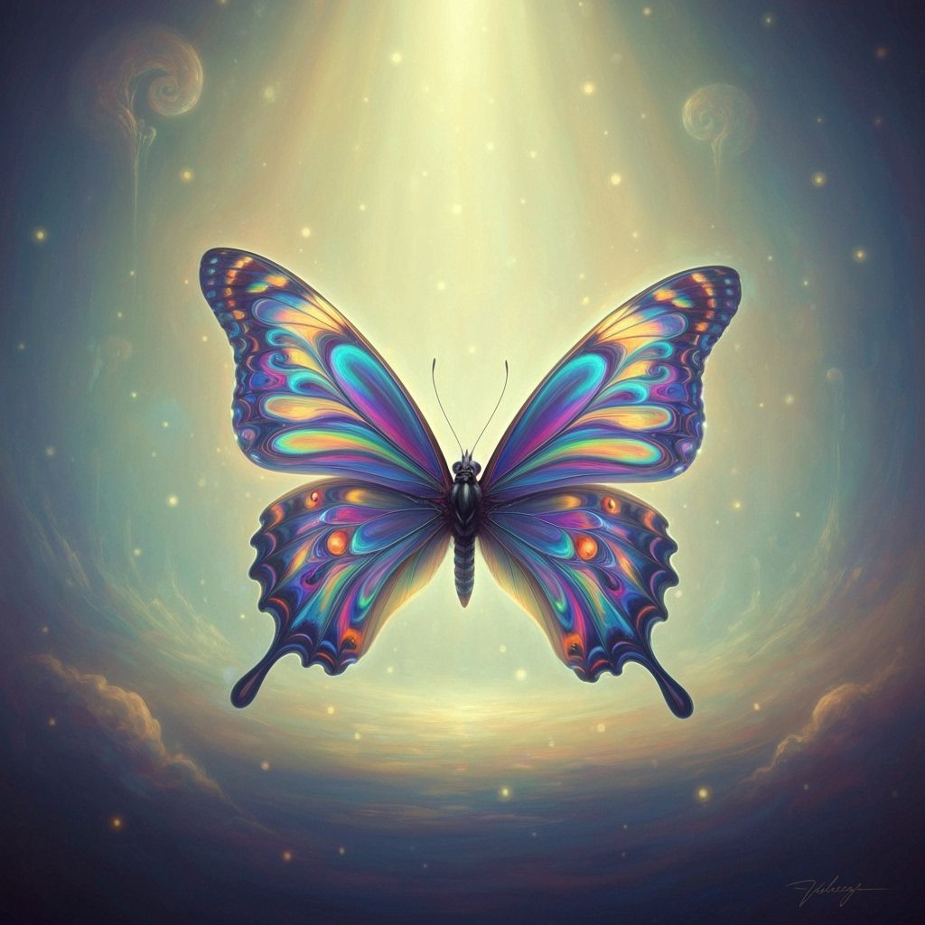 Iridescent Fractal Butterfly in Dreamlike Landscape