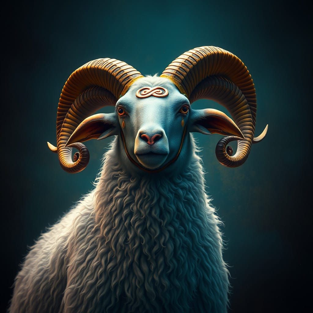 Regal Lamb with Seven Spiraling Horns in Vibrant Art Nouveau...