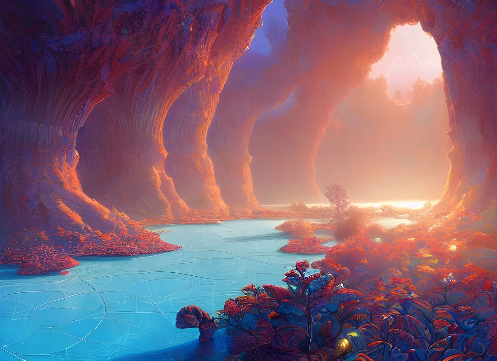 Vibrant Desert Oasis with Mythical Lighting