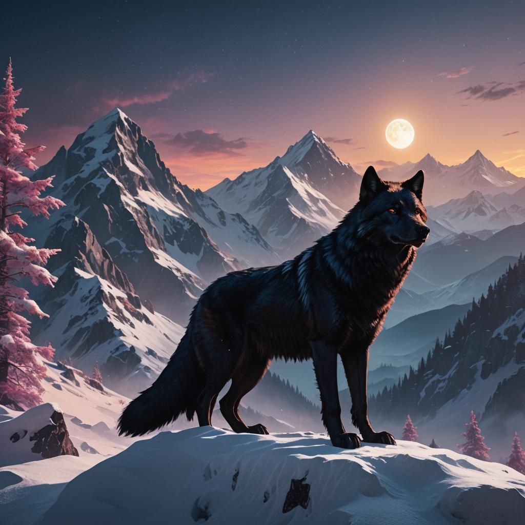 Majestic Black Wolf on Snowy Peak
