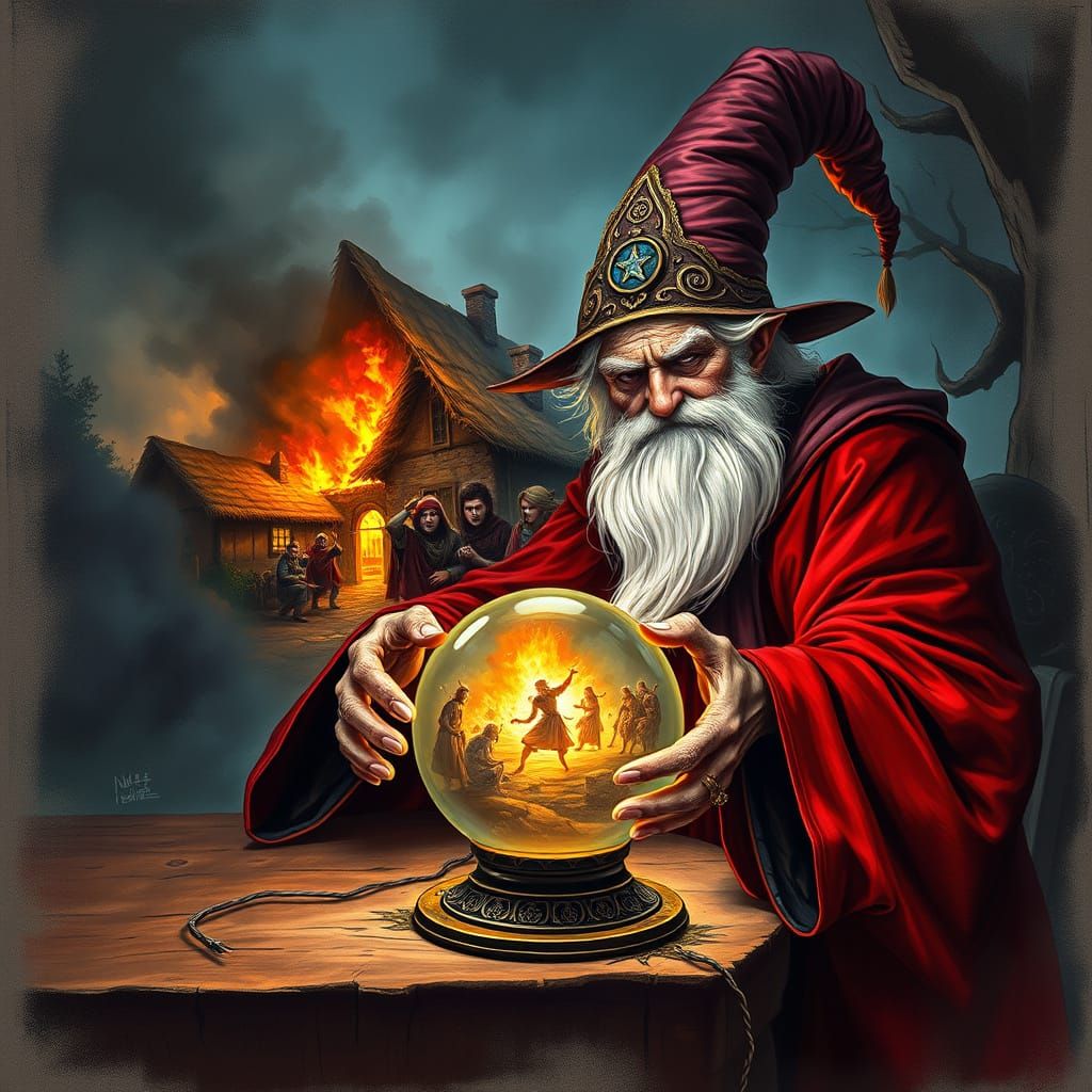 Wizard Gazes Into Crystal Ball Showing Burning Village