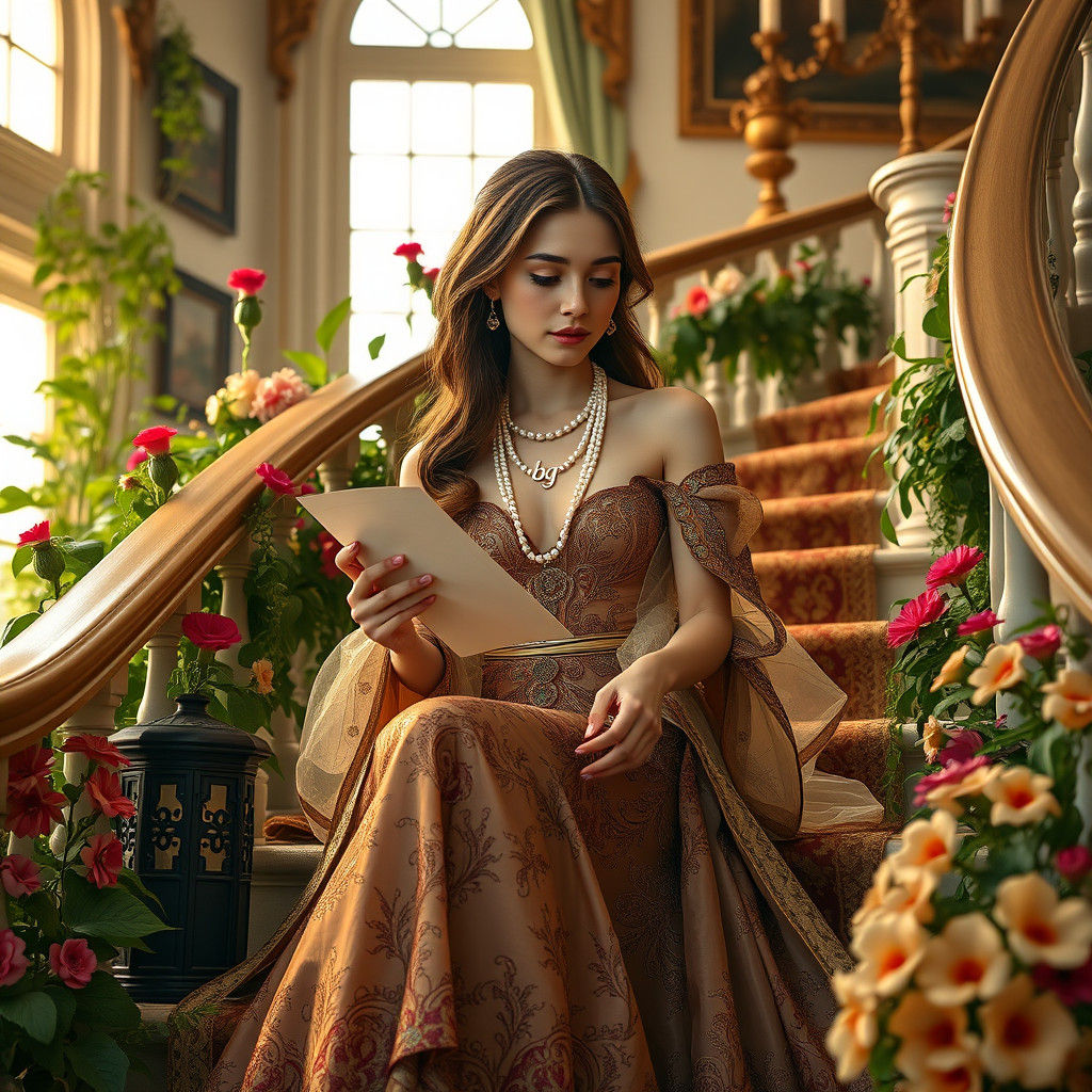 Elegant Woman Reading Letter on Staircase