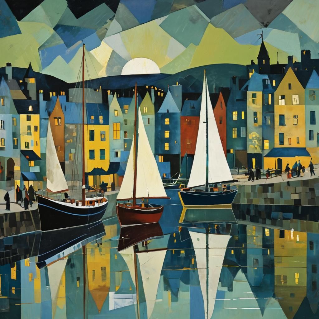Helensburgh Harbour at Night in Cubist Style