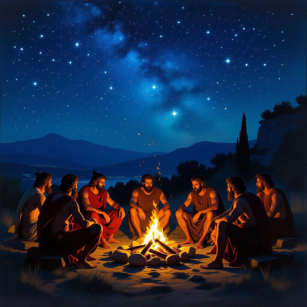 Ancient Greeks Around Campfire, Storytelling Scene