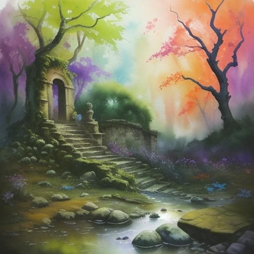 Mexican Woman in Ancient Ruins: Watercolor Painting