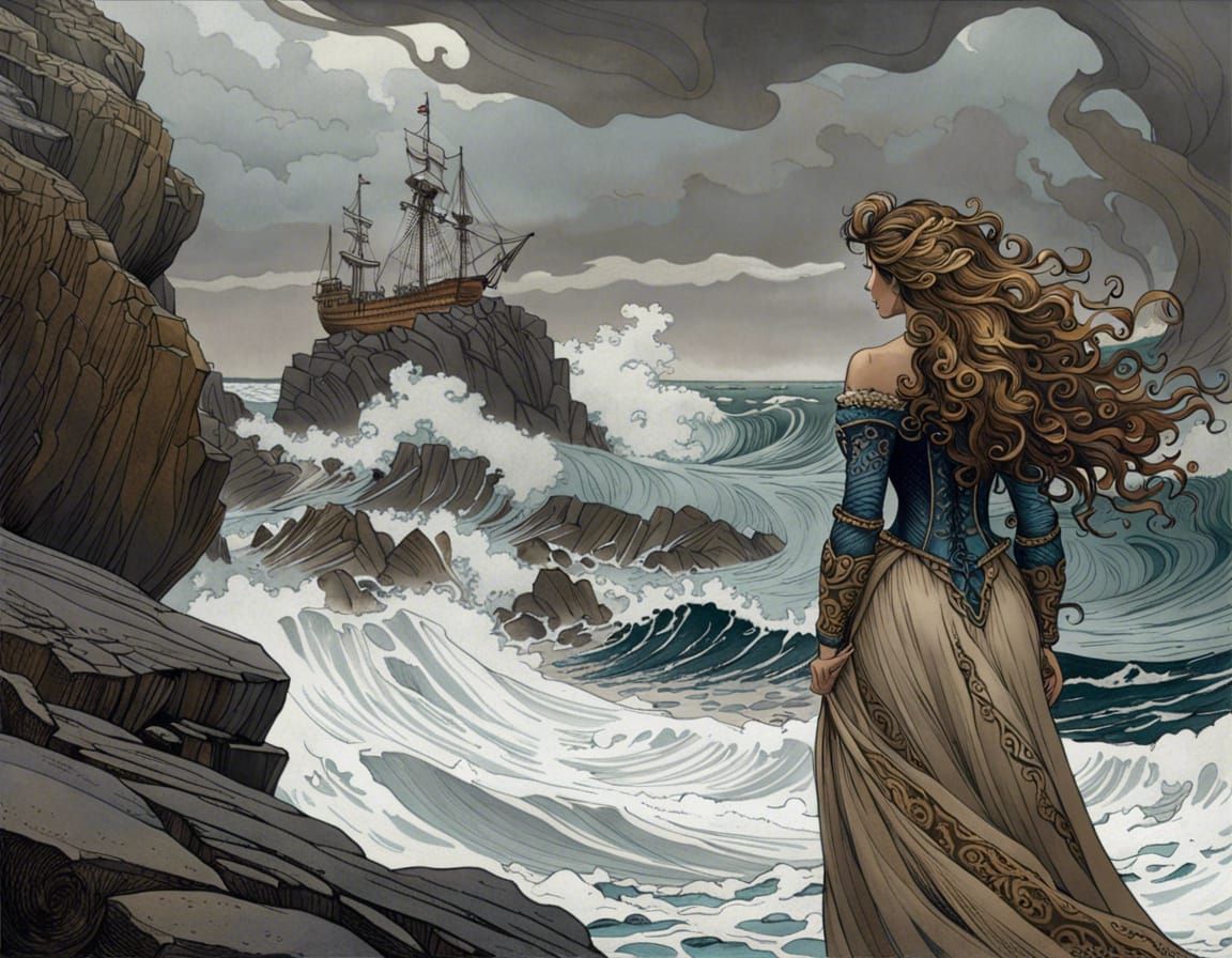 Woman on Stormy Shoreline: Ink Illustration