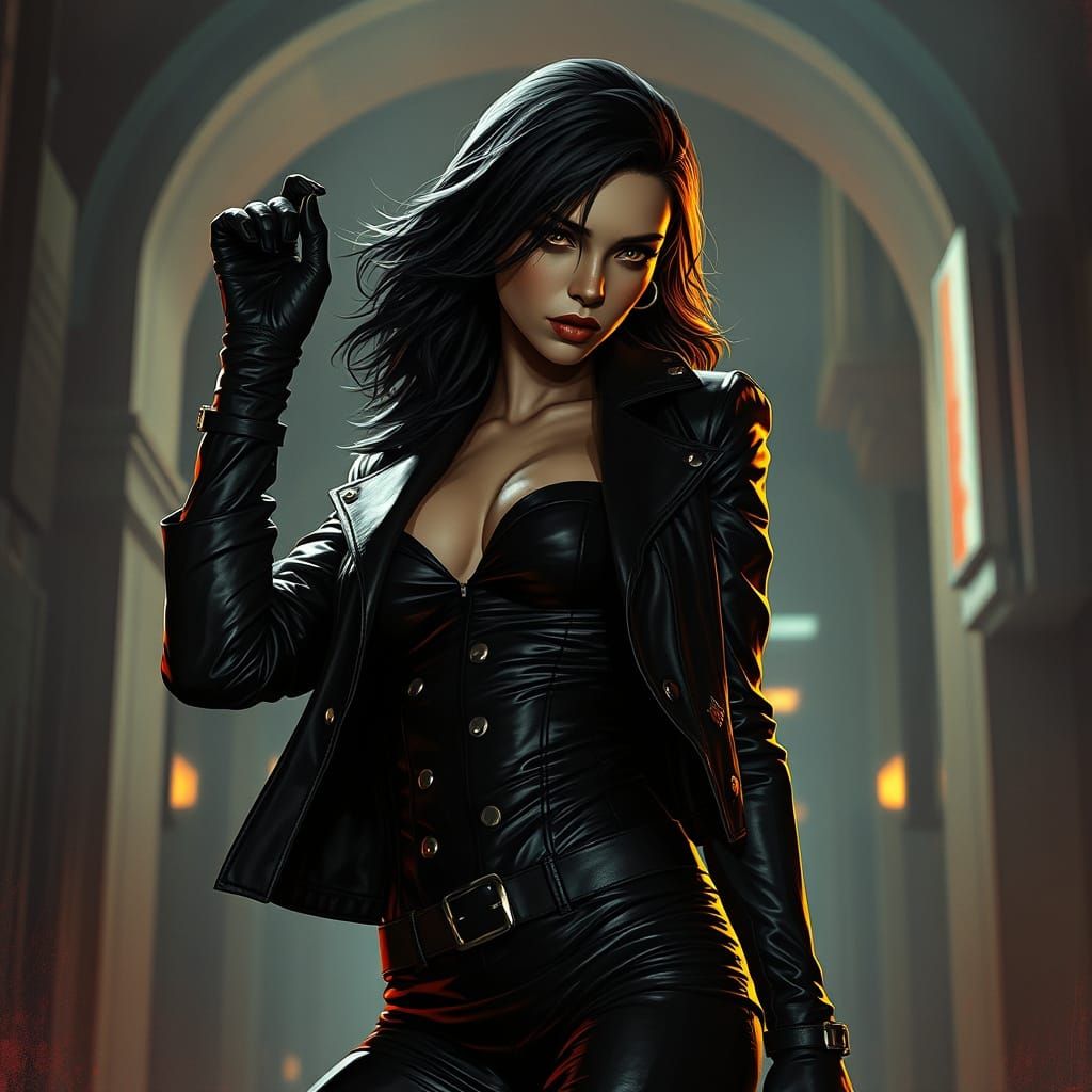 Femme Fatale in Dark Leather: Gritty Dark Fantasy Art