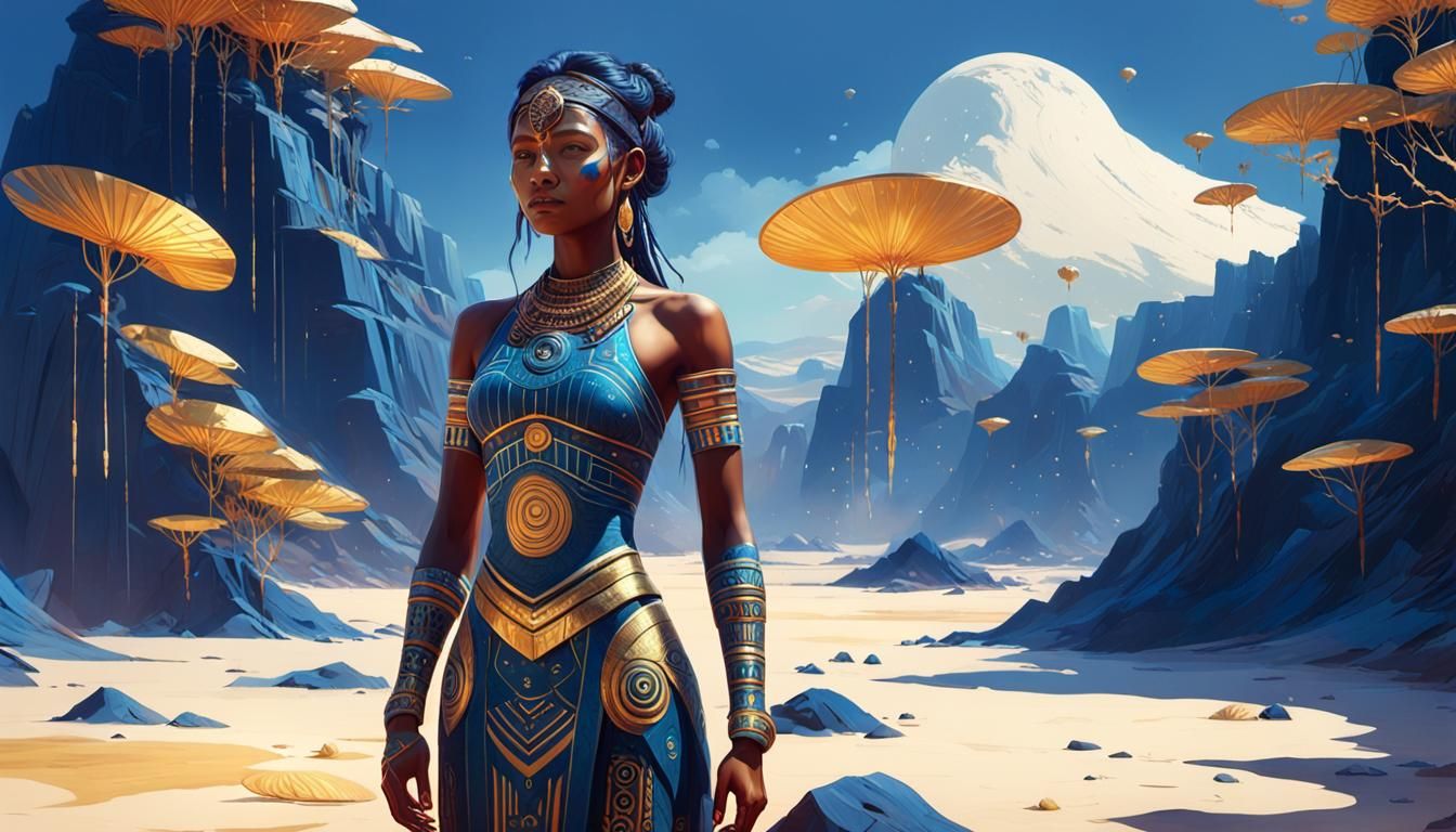 Futuristic Tribal Beauty with Indigo and Gold Patterns