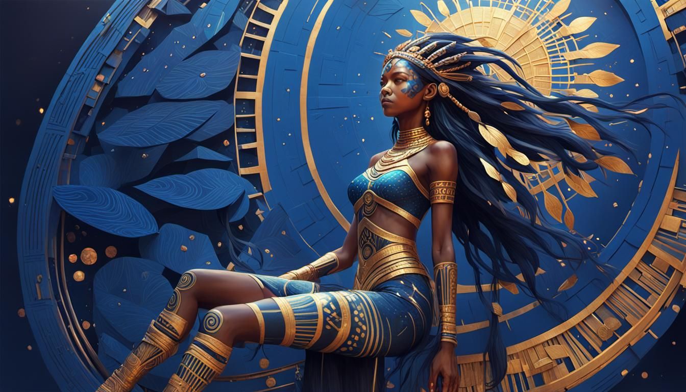 Futuristic Tribal Woman Portrait with Indigo and Gold