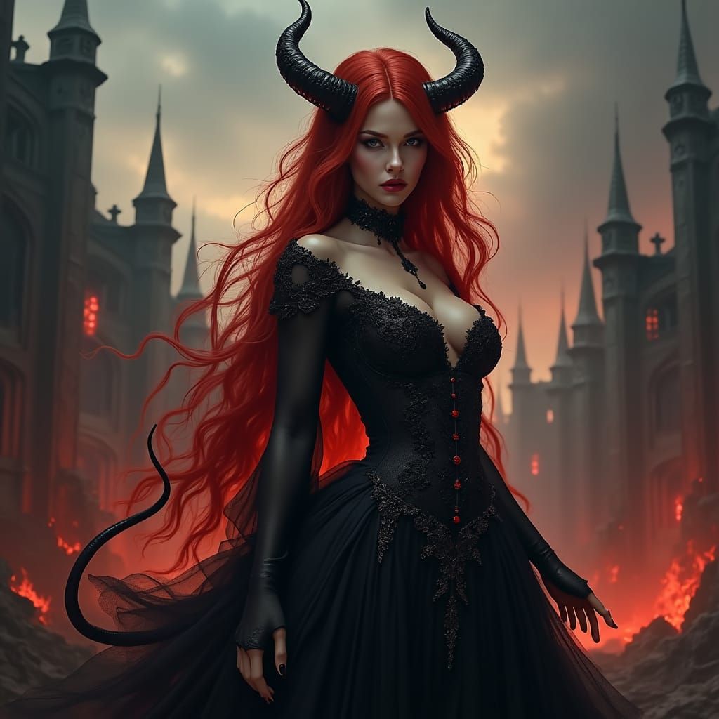 Dark Female Devil in Apocalyptic Cityscape