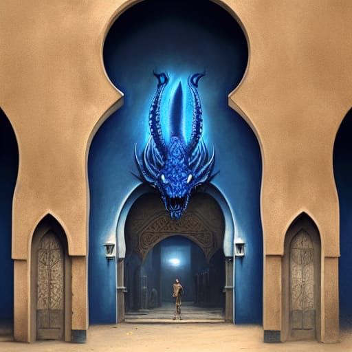 Arabian Tavern with Dragon Skull, Dark Fantasy Art