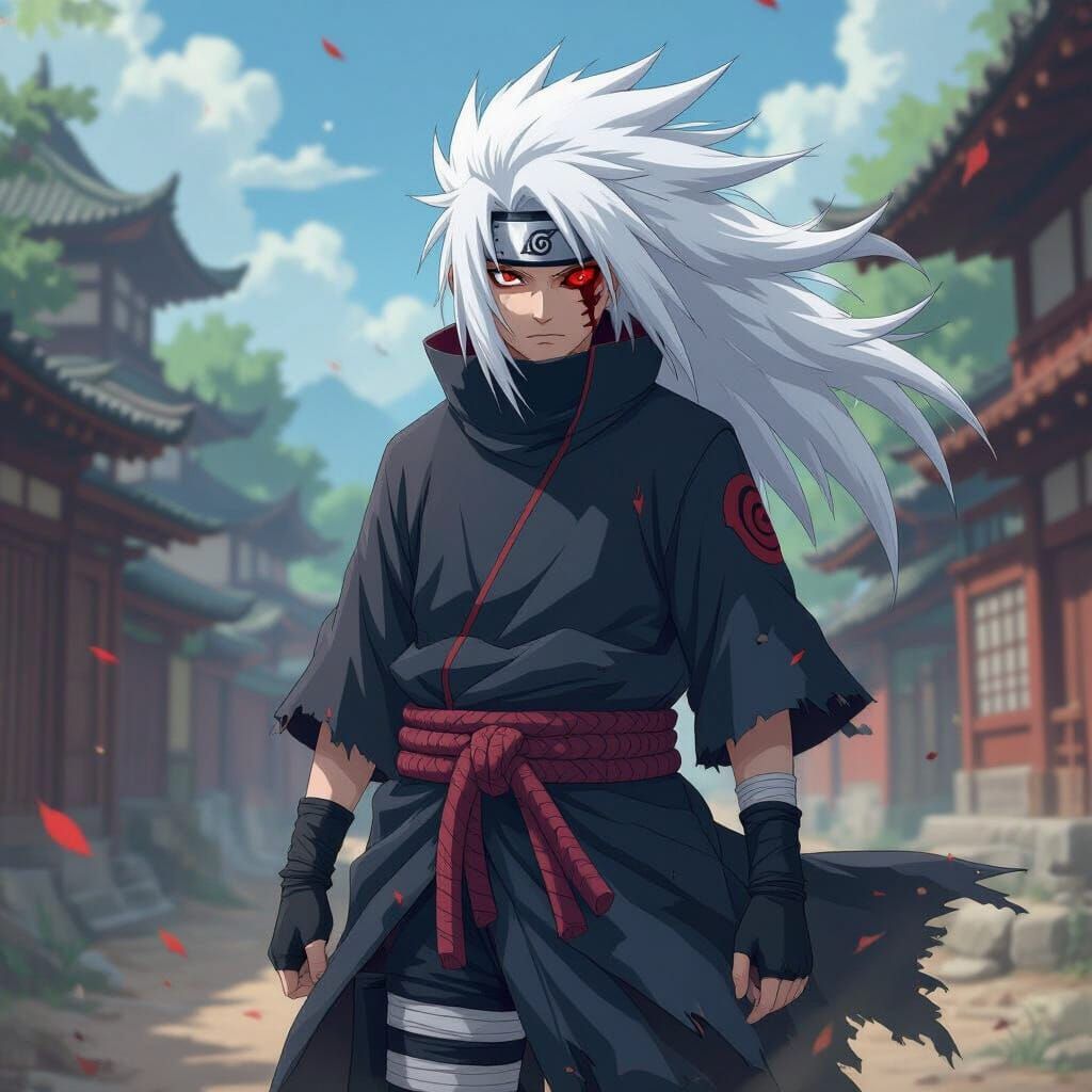Ninja with Sharingan Eye and White Hair in Leaf Village