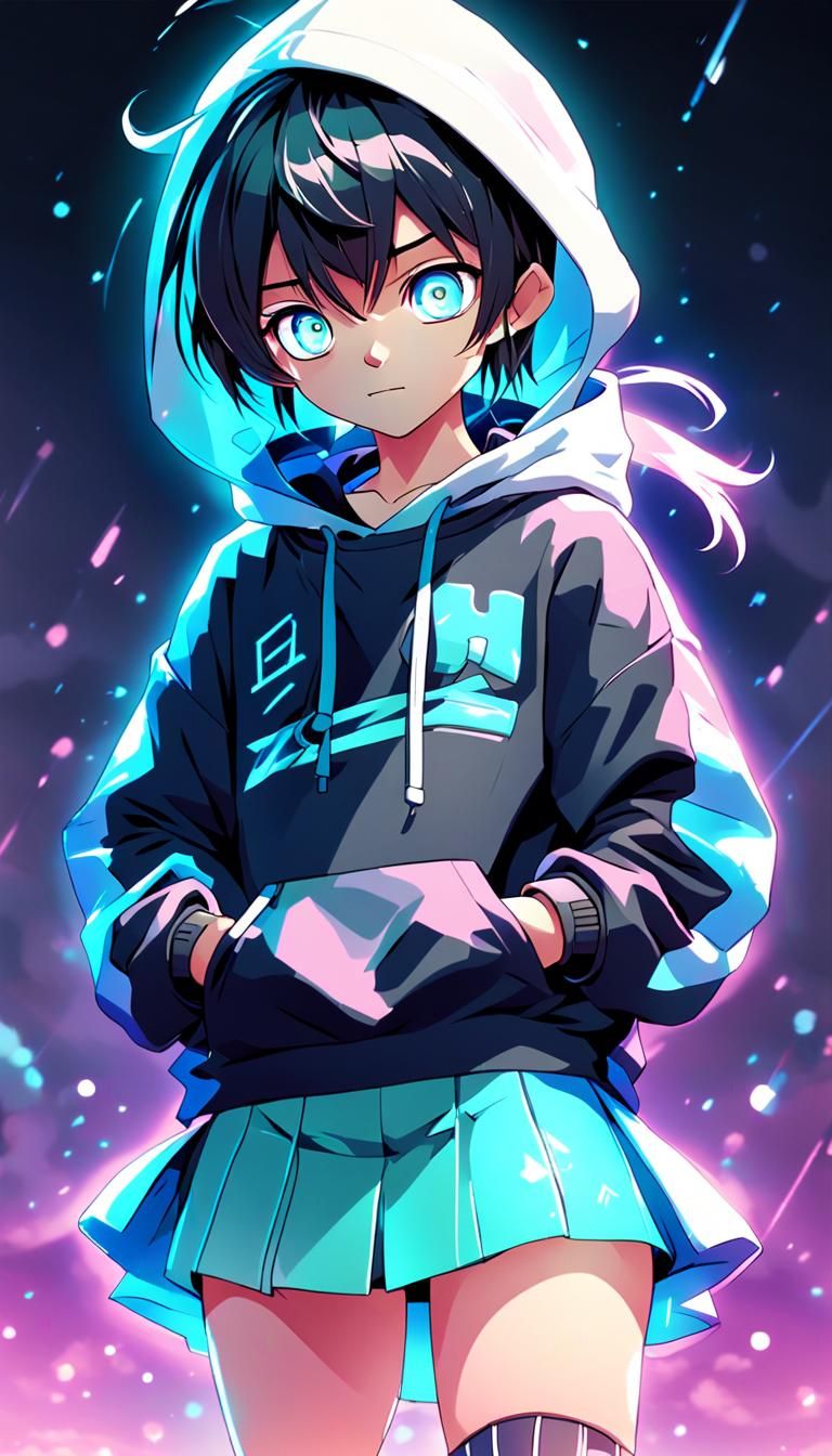 Anime Style Androgynous Figure in Miniskirt, Cel-Shaded