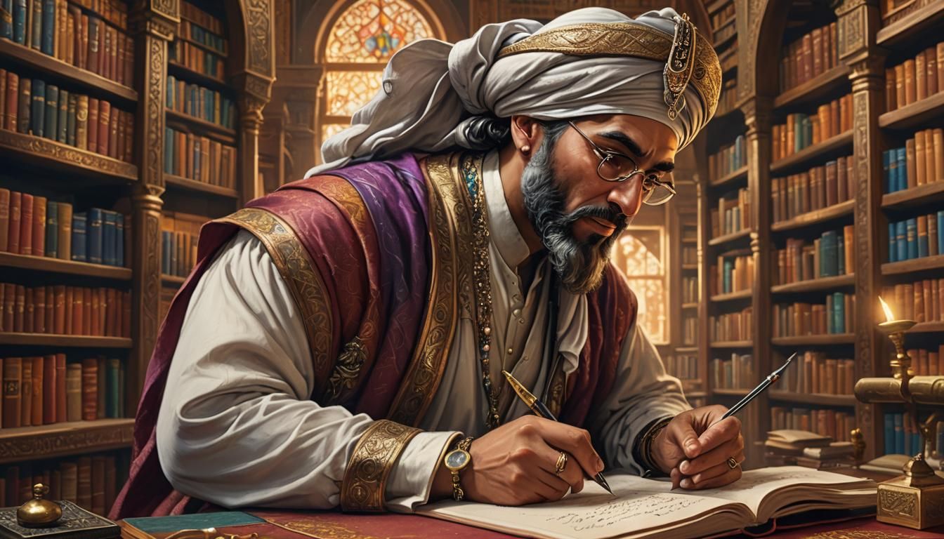 Arab Historian Writes in Colorful Library: Hyperrealistic Ar...