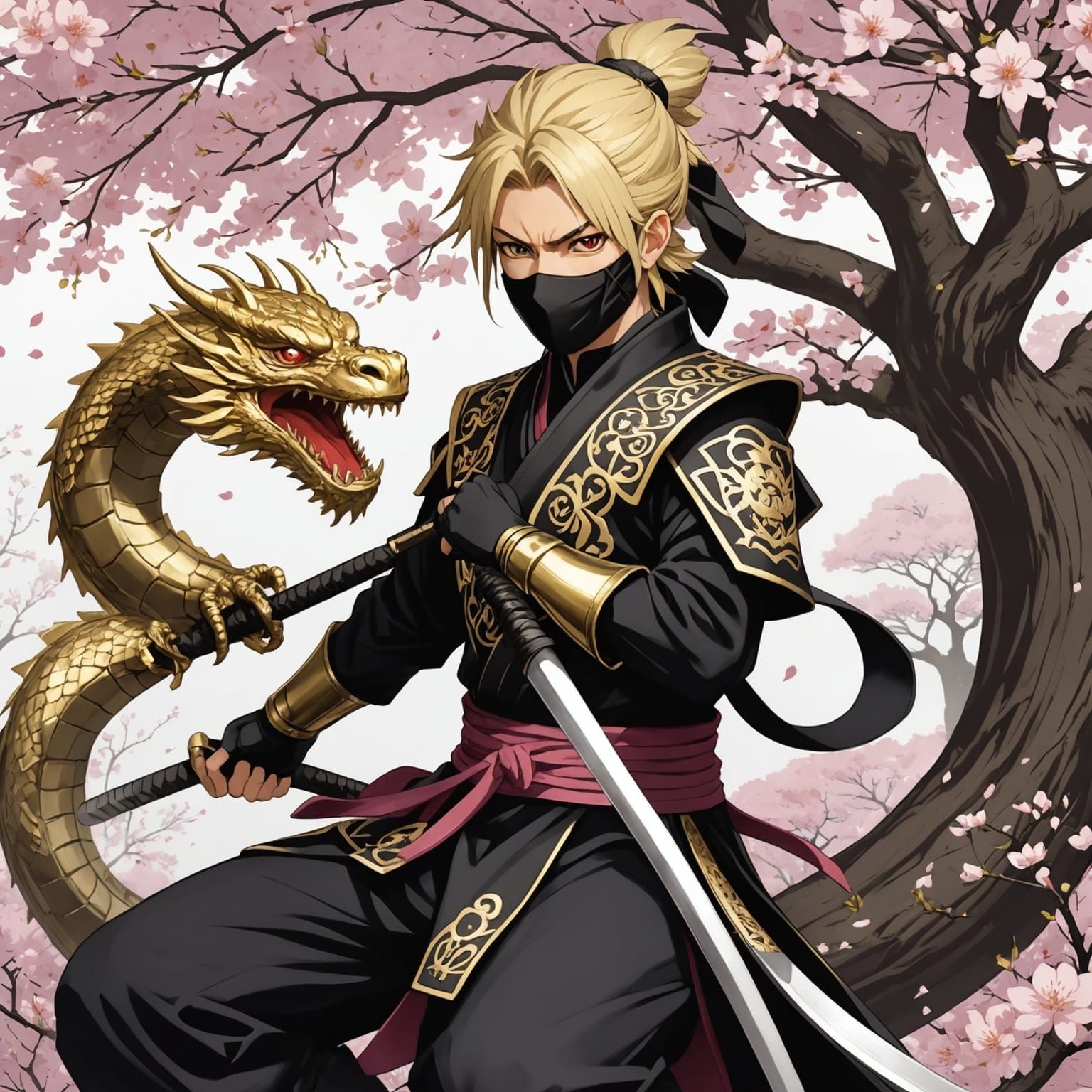 Ninja Clan, Sakura Tree, and Eastern Dragon in Anime Style