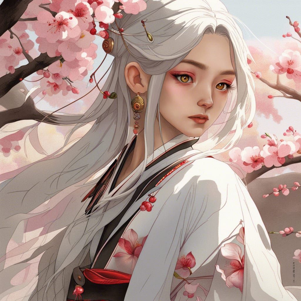 Chinese Woman with Cherry Blossoms in Splash Art